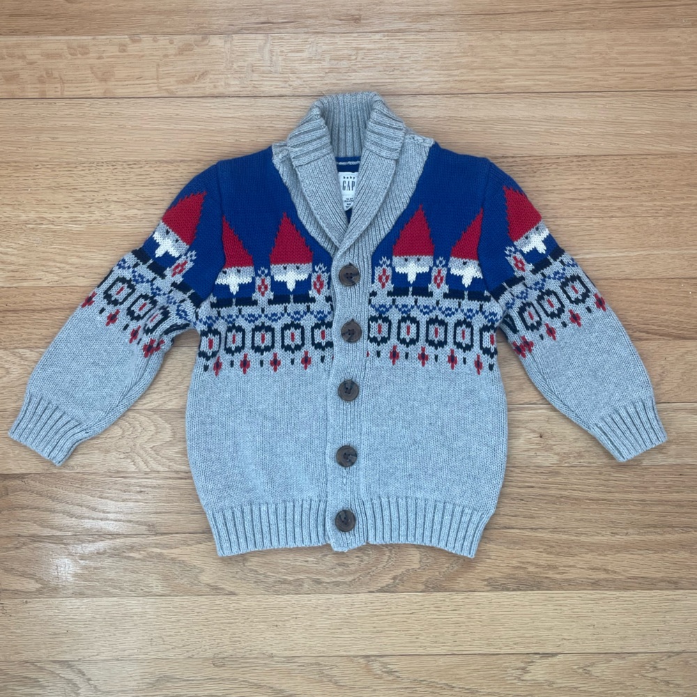GAP EUC Fair Isle Shawl Collar Thick Knit Cardigan Gnome Christmas Sweater